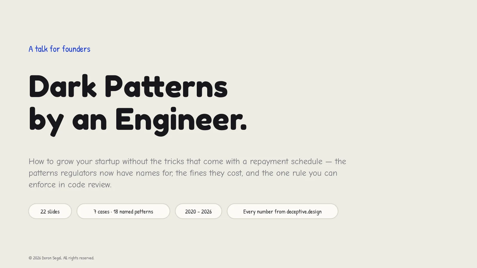 Title slide: Dark Patterns by an Engineer