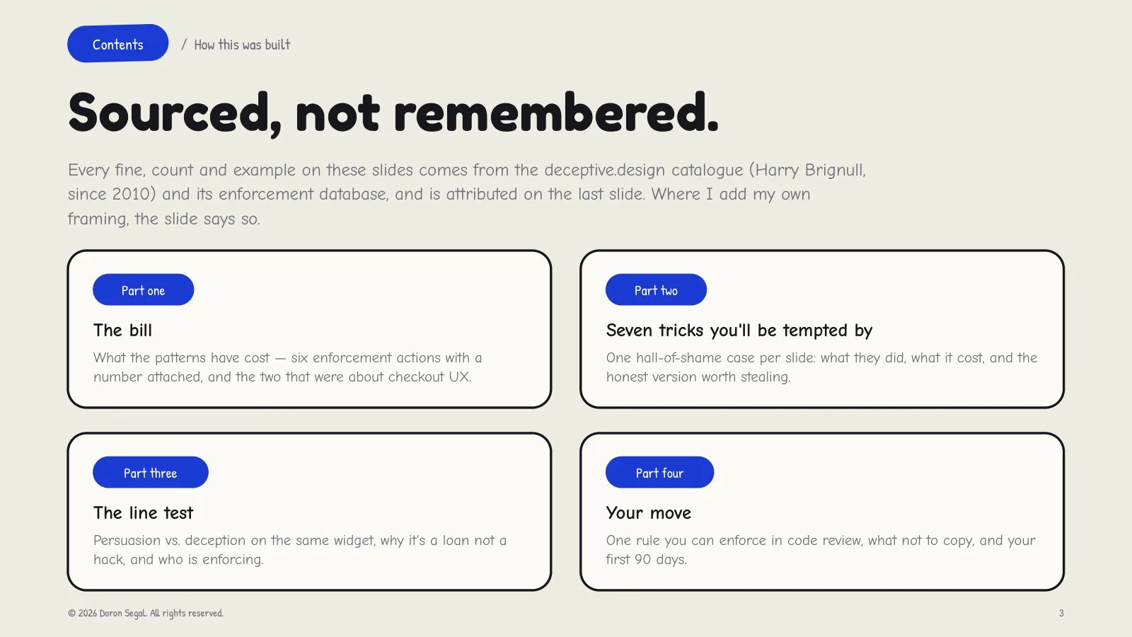Contents: every fine, count and example comes from the deceptive.design catalogue and its enforcement database, attributed on the last slide. Four parts — the bill, seven tricks you will be tempted by, the line test, and your move.