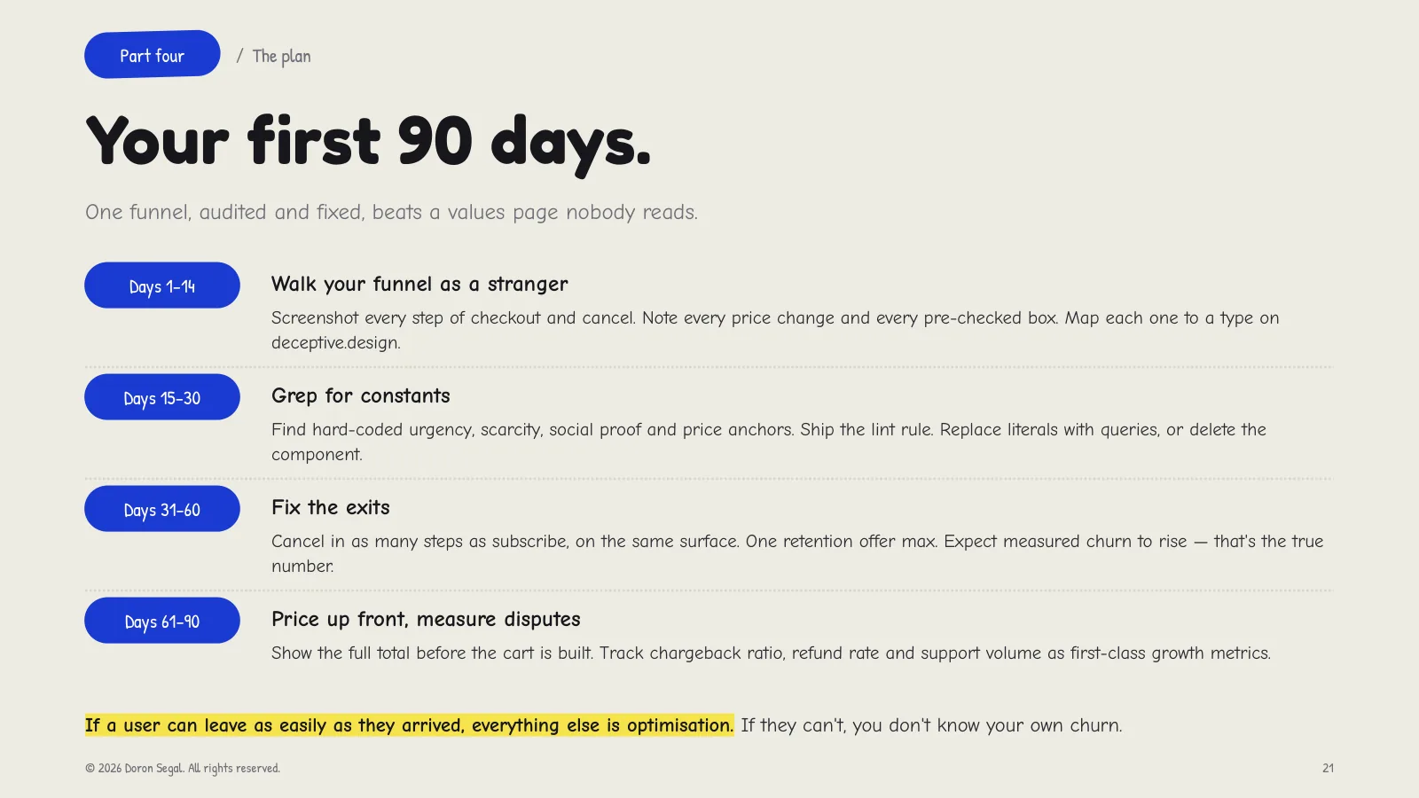 Your first 90 days: days 1–14 walk your own funnel as a stranger and screenshot every step; days 15–30 grep for hard-coded urgency, scarcity, social proof and price anchors and ship the lint rule; days 31–60 fix the exits so cancel takes as many steps as subscribe; days 61–90 show the full price up front and track chargebacks, refunds and support volume.
