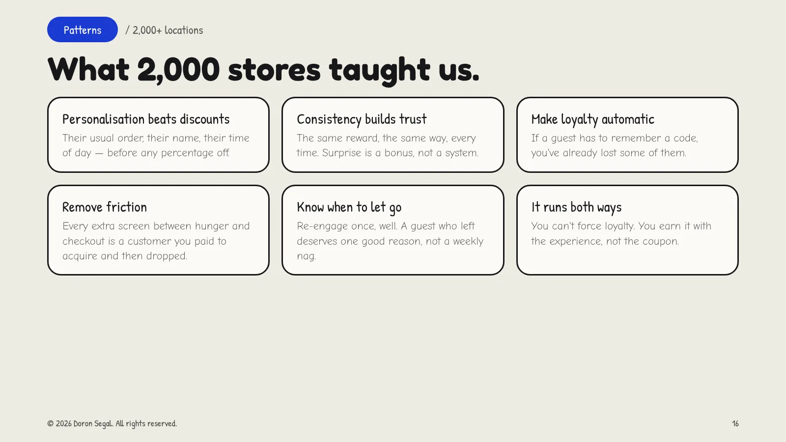 Lessons from 2,000+ locations: personalisation beats discounts; consistency builds trust; make loyalty automatic; remove friction; know when to let go; and loyalty runs both ways — earned through experience, not coupons.