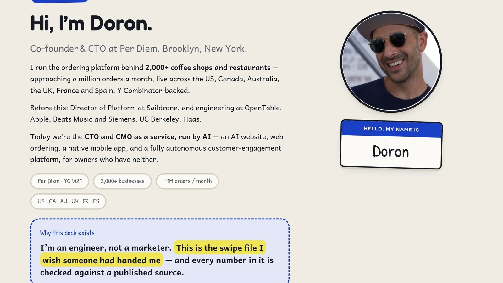 Introduction: co-founder and CTO at Per Diem in Brooklyn, running the ordering platform behind 2,000+ coffee shops and restaurants, approaching a million orders a month.