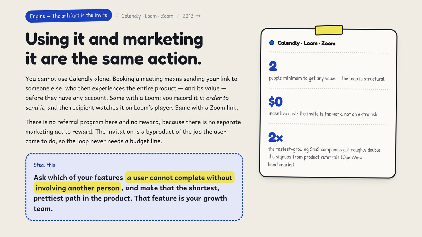 You cannot use these products alone — sending the link is the job, so the invitation is a byproduct rather than a marketing ask, at $0 incentive cost. Steal this: find the feature a user cannot complete without involving another person, and make it the prettiest path in the product.