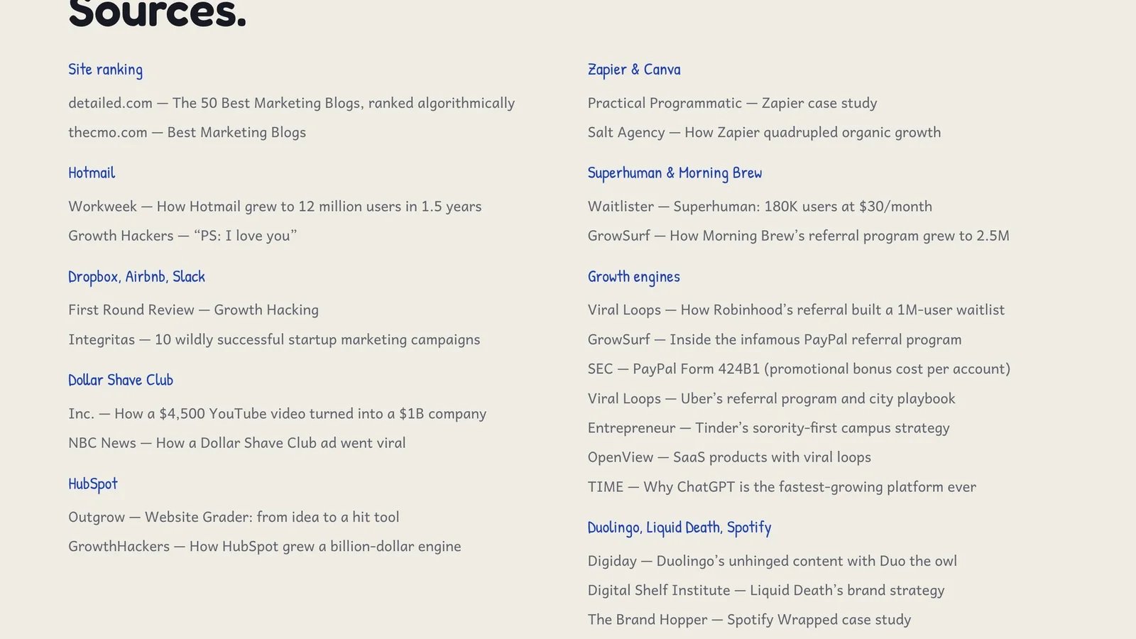 Every figure in the deck attributed to its published account — the site ranking, and the sources behind each of the twelve campaigns and the growth engines.